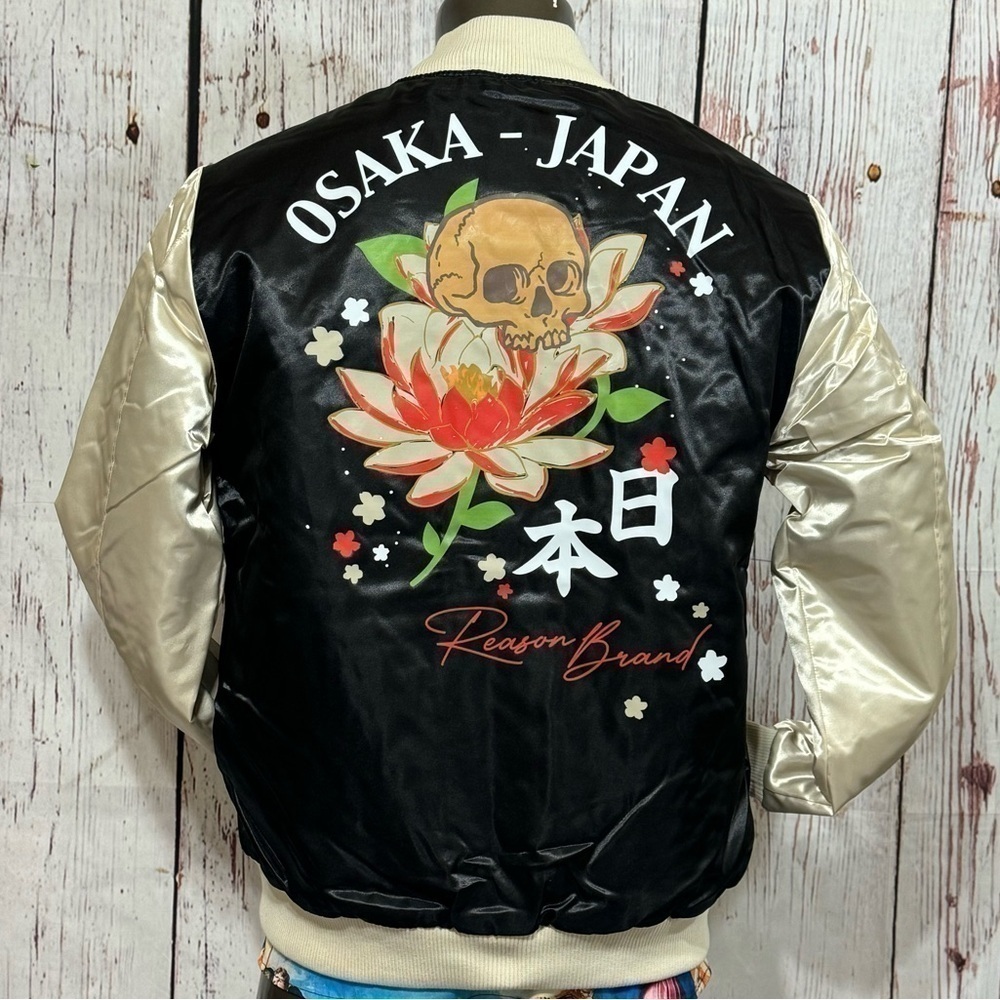 REASON BRAND STREET WEAR men’s nylon puffer bomber jacket Osaka Japan Graphic Md